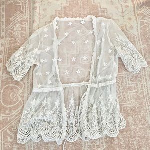 Cream Sheer Floral Lace Mesh Top/Coverup